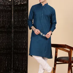 House of Pataudi Woven Design Mandarin Collar Cotton Straight Kurta image 2