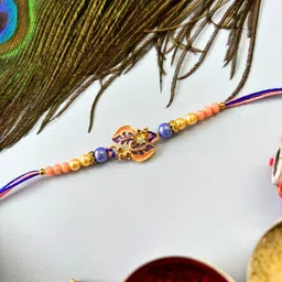 sangria Purple Stone Studded & Beaded Thread Rakhi Traditional Handmade Rakhi for Brother image 3