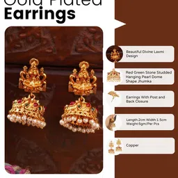 Anouk 24CT Gold-Plated Stones Studded & Pearls Beaded Dome Shaped Temple Jhumkas image 2