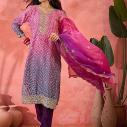 Maroosh Bandhani Embroidered V-Neck Sequinned Chinon Kurta With Pyjamas & Dupatta-picture-41