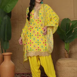 Sangria Printed with Embroidered V-Neck Kurta & Patiala with Dupatta image 5