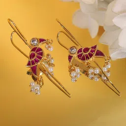 FIROZA Gold-Plated Artficial Stones Studded & Beaded Peacock Shaped Ear Cuff-picture-30