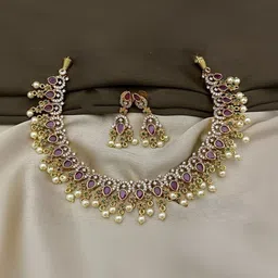 K C JEWELZ Gold-Plated American Diamond Studded & Beaded Jewellery Set image 5