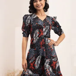 AASK Floral Print Puff Sleeve Crepe Fit & Flare Dress-picture-22