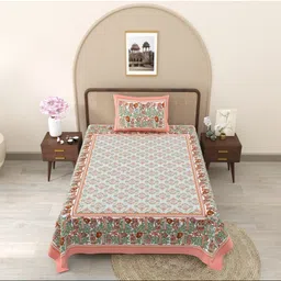 JAIPUR FABRIC Peach-Coloured & Green Floral Single Bedsheet with 1 Pillow Covers-picture-10