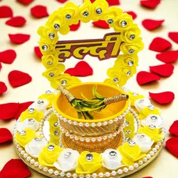 the handvark Haldi Ceremony Decorative Platter with Artificial Flowers & Bowl. Wood, Glass Decorative Platter-picture-41