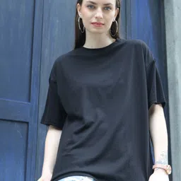 TITTLI Women Polo Collar Extended Sleeves Pure Cotton Applique Boxy T-shirt-image-49