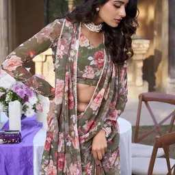 LOOKNBOOK ART Floral Printed Poly Georgette Tussar Saree image 4