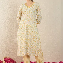 Indo Era Floral Printed V-Neck Regular Pure Cotton Straight Kurta With Trousers & Dupatta-picture-21