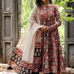 Vidusha Women Ethnic Motifs Printed Cotton Anarkali Kurta with Trousers & Dupatta-picture-43