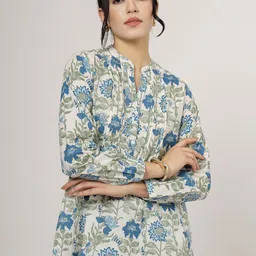 QOMN Women Ethnic Motifs Printed Mandarin Collar Cotton Shirt Style Top-picture-26