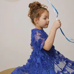 NEXT Girls Floral Puff Sleeve Applique Net Fit & Flare Dress image 5