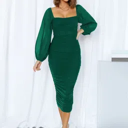 KPOP Women Puff Sleeve Square Neck Sheath Midi Dress-image-7