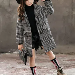 Hopscotch Kids Black Classic Plaid Long Coat-picture-49