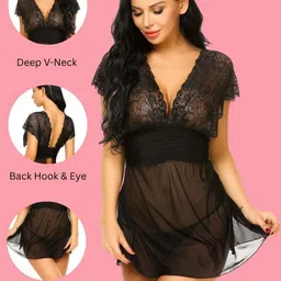 LoveAasan Women Back Open V-Neck Baby Doll With Matching Briefs image 3