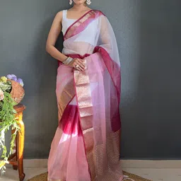 V3 FASHION STUDIO Tie and Dye Zari Organza Leheriya Saree-image-60