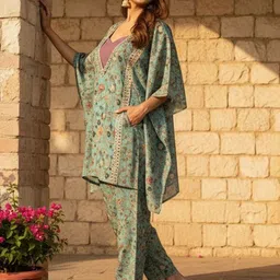 Loomfresh Zehra Floral Printed V-Neck Pure Cotton Tunic & Trouser & Inner Top image 3
