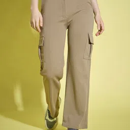 DIMPY GARMENTS Women Relaxed Straight Fit High-Rise Easy Wash Cargos Trousers-image-2