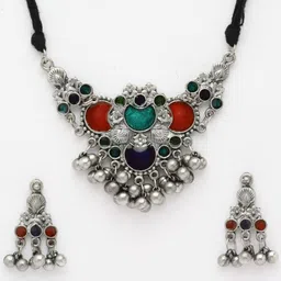 Moedbuille Silver-Plated Stone & Ghungroo-Studded Oxidised Jewellery Set image 5