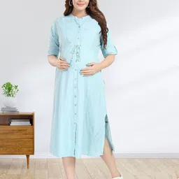 MomsBae Women Maternity Striped Roll-Up Sleeves Cotton Shirt Midi Dress-picture-31