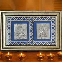 Art Street Silver Toned And Blue Self Design Lakshmi & Ganesh Photo Frame-image-2