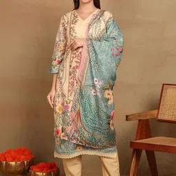 Sangria Printed V-Neck Kurta & Cotton Trousers With Dupatta-picture-19