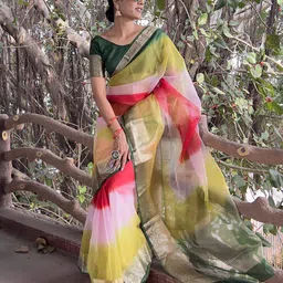 V3 FASHION STUDIO Tie and Dye Zari Organza Leheriya Saree image 3