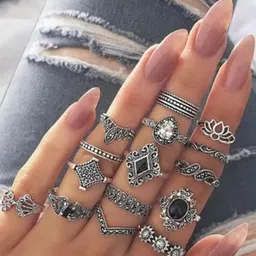 TheVineGirl Set Of 15 Silver-Plated Oxidised Finger Rings-picture-11