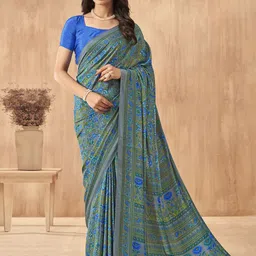 Mitera Floral Poly Crepe Bagru Saree image 1