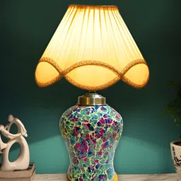 Aura Off White & Green Frustum Shape Glass & Wooden Table Lamp image 5