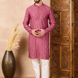 House of Pataudi Men Embroidered Sequinned Mandarin Collar Straight Kurta-picture-23
