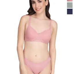 Liigne Women Pack Of 3 Everyday Non Padded Pure Cotton Bra Panty Set-picture-29