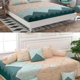 Homybees Set of 8 Peach-Coloured Geometric Printed 220 TC King Bedsheet Diwan Set-image-45