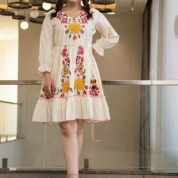 AUTUMN LANE Embroidered Pure Cotton Flared Knee Length Dress-picture-42