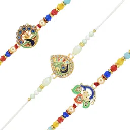 MEIRA JEWELLERY Set Of 3 Peacock Design Rakhis With Greeting card & Roli Chawal image 2