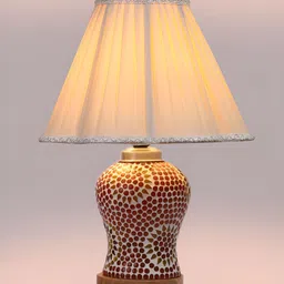 Devansh Off White Textured Traditional Frusturical Shaped Wooden Table Lamp & Mosaic Glass image 2
