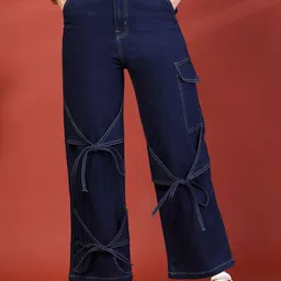 plusS Women Wide Leg Mid-Rise Stretchable Cargo Styles Jeans-image-67