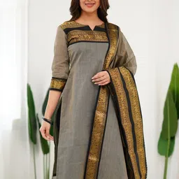 Shriyangan Women Ethnic Motifs Woven Design Zari Cotton Kurta with Dupatta image 3