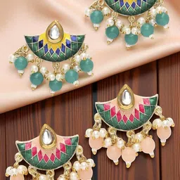 fabula Set Of 2 Artificial Beaded And Kundan Studded Teardrop Meenakari Drop Earrings-picture-17