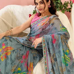 SANISA Floral Embroidered Pure Georgette Designer Saree image 2