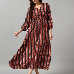 Krunal Raiyani Striped Printed Fit and Flare Smocked Midi Dress-image-32