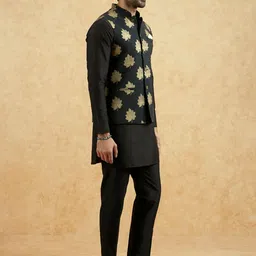 KISAH Men Nehru Jacket Printed Bundi Black Festive Modi Jacket Golden Leaf Design image 4