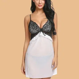 ZERJAMA Women Self Design Shoulder Straps Mesh Babydoll Dress with Matching Panty-image-39