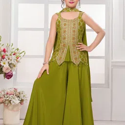 Lagorii Girls Floral Embroidered Thread Work Kurta With Sharara & Dupatta-picture-30