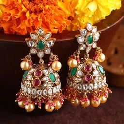 Priyaasi Gold-Plated Kundan Stone Studded & Pearls Beaded Dome Shaped Jhumkas-picture-26