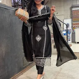 GoSriKi Floral Embroidered Thread Work Straight Kurta With Trousers And Dupatta-picture-23