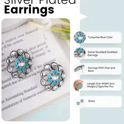 adwitiya collection Adwitiya Silver-Plated Kundan Studded Oxidised Contemporary Shaped Shaped Studs image 5