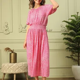 Oxolloxo Women Printed Smocking Detail Fit & Flare Midi Dress-picture-30