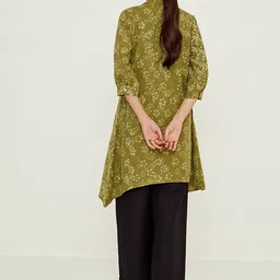 Ancestry Ethnic Motifs Printed Mandarin Collar Asymmetrical Organic Cotton Kurta image 4