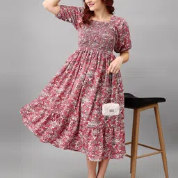 Raiyani Enterprise Women Floral Printed Fit and Flare Puff Sleeve Midi Dress-picture-22